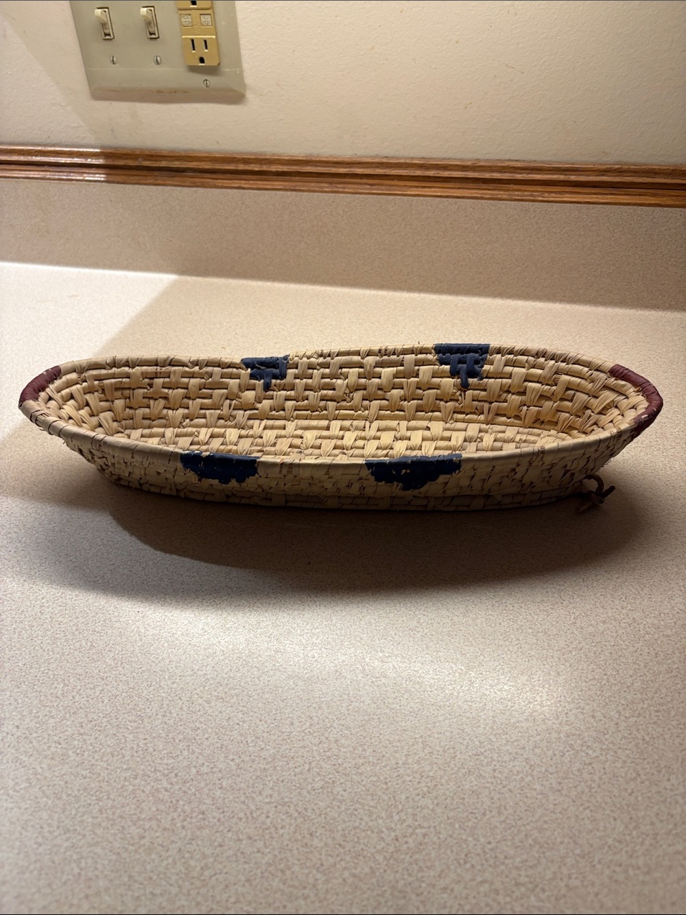 Handwoven Natural Seagrass French  Bread Basket with Blue and Barn Red accents